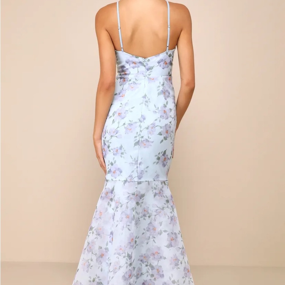 Lulus Pure Splendor Light Blue Floral Organza Trumpet Maxi Dress - Picture 3 of 5